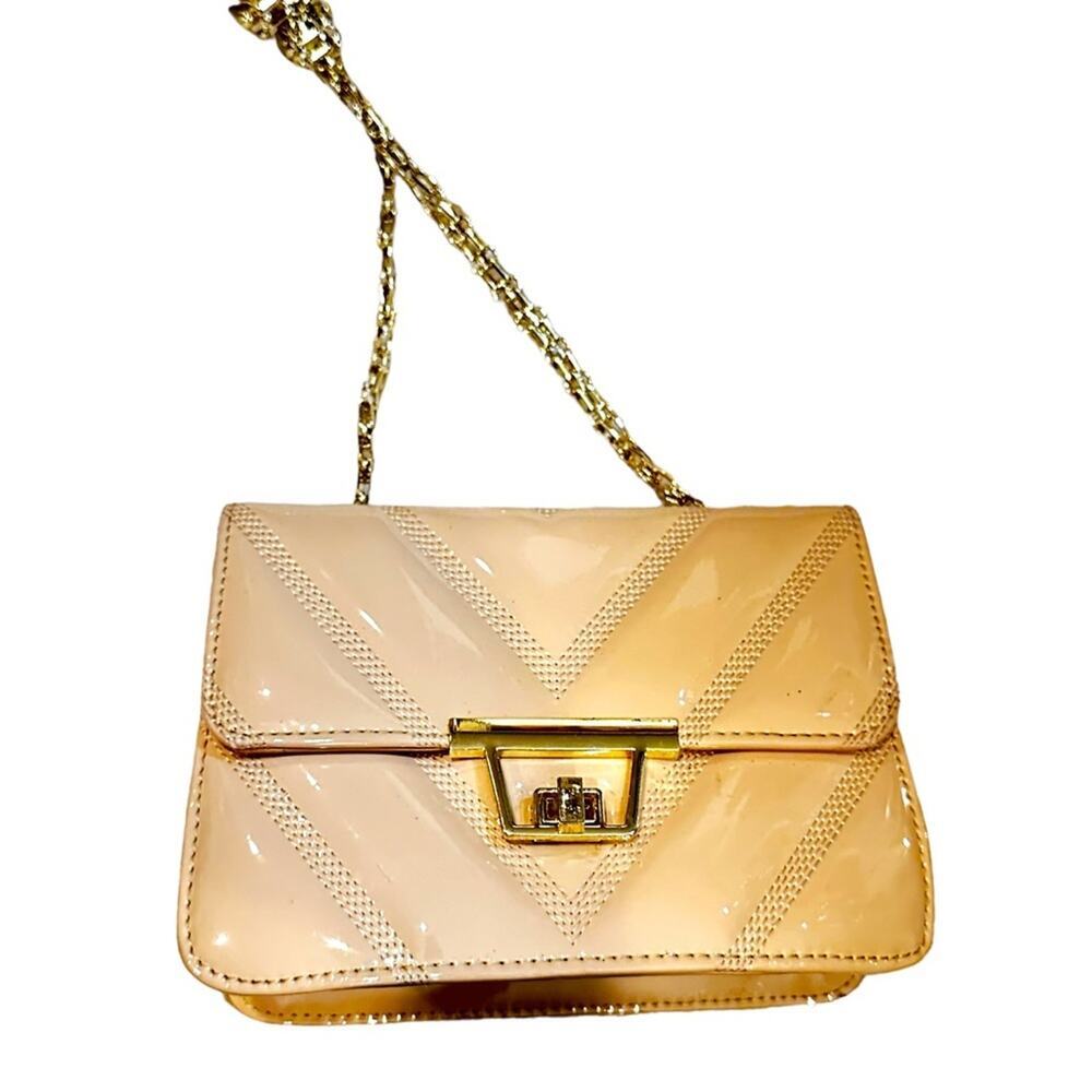 Sondra Roberts Quilted Tan Bag vegan patent leather Crossbody shoulder bag